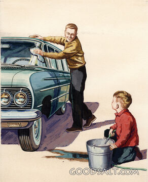 Father and Boy Washing Car