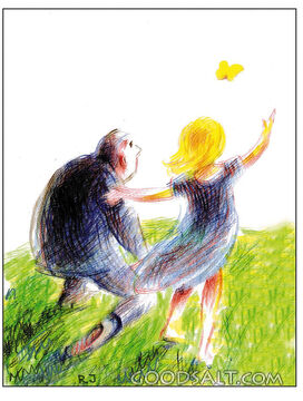 Father and Daughter Watching a Yellow Butterfly
