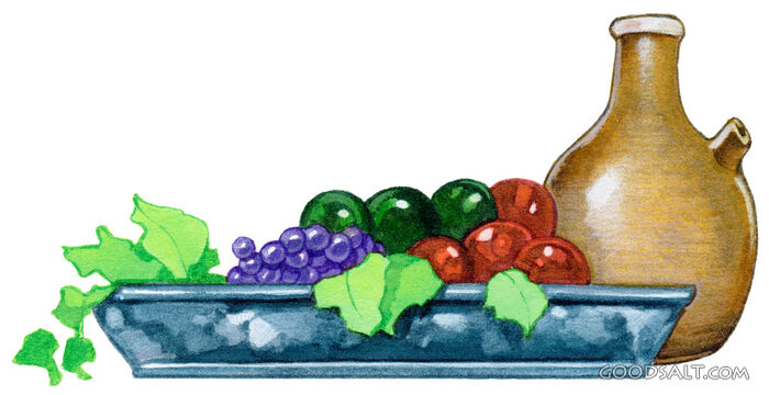 Harvest Tray with Grapes and Wine Jug