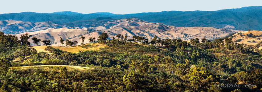 Hills and farmland speckled with forest.