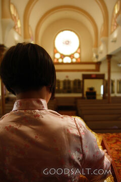IDAHO. Boise. Asian Jewish girl facing bimah in Ahavath Beth