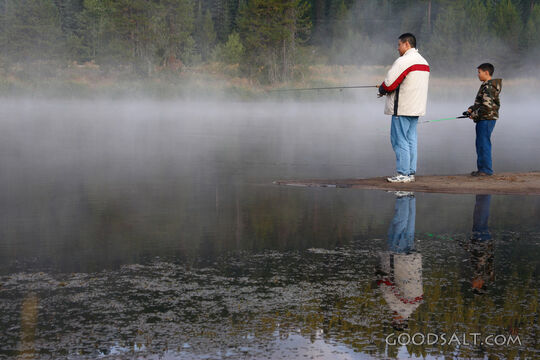 IDAHO. Smith’s Ferry. Man and boy fishing on foggy morning. 