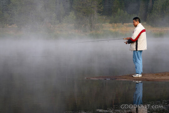 IDAHO. Smith’s Ferry. Man fishing on foggy morning. MR