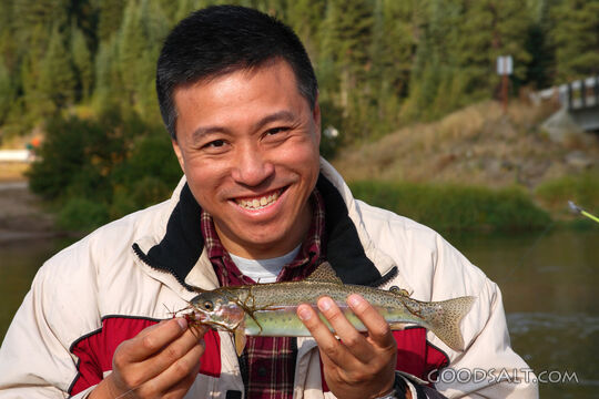 IDAHO. Smith’s Ferry. Man smiling holding rainbow trout. MR