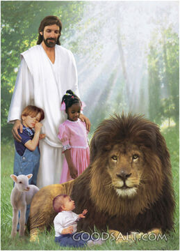 Jesus, Three Children and Lion
