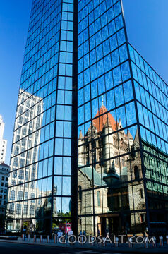 Church Reflected in Glass Tower