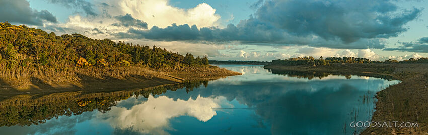 Large reservoir, with a single duck gliding past.