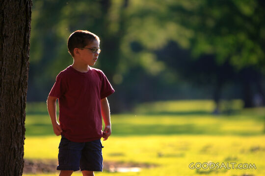 Little boy standing in park in summer.