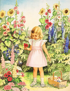 Little Girl Picking Flowers In Garden