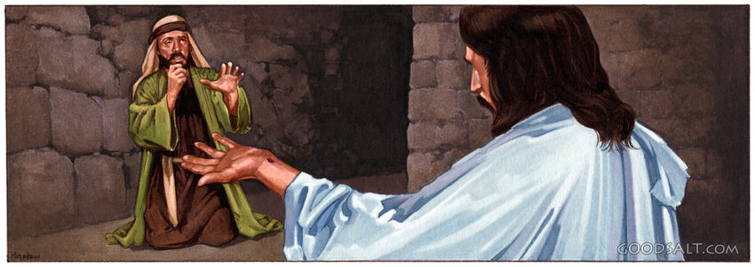 Jesus reaching out his nail-scarred hand to a biblical character.