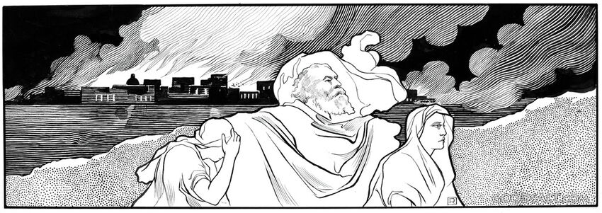 Lot Fleeing Sodom With His Daughters