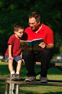 Man reading Bible to little boy in park in summer.