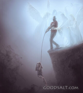 Man saving child while angels help