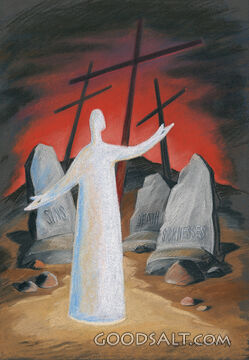 Man Stands Before Three Crosses