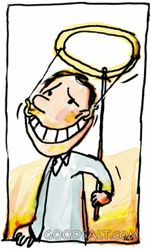 Man With a Fake Halo and Forced Smile
