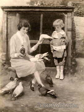 Mother and Child Feeding Pigeons