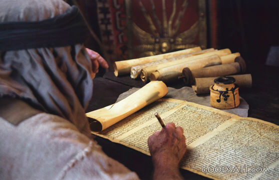 Old Man and Child Writing on Scroll