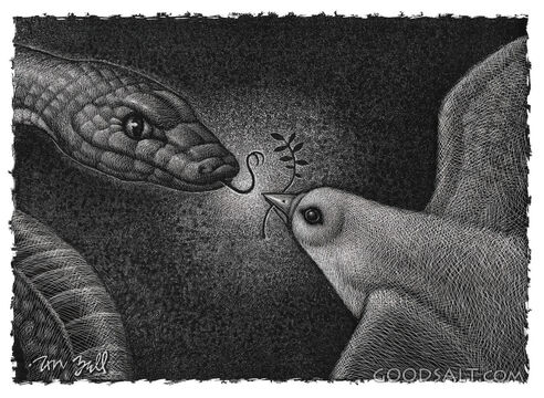 A serpent and dove with a branch in its mouth facing each other.