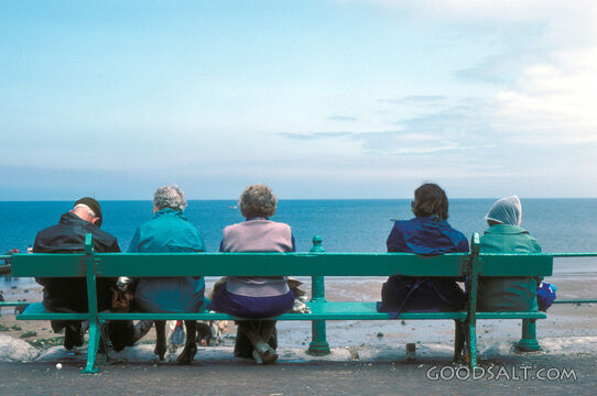 A group of people sitting on a bench looking out on the ocean.
