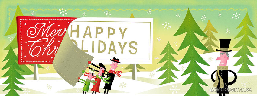 People With Christmas Sign and Scrooge