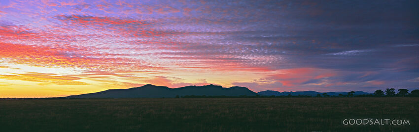 Pink Sunset over Field With Mountains