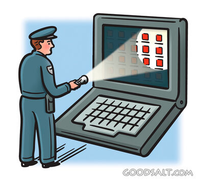 Policeman Shining Flashlight on Monitor Screen