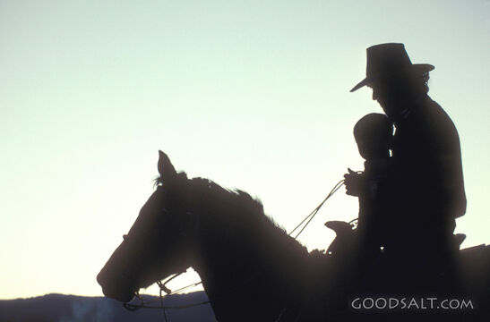 The silhouette of a man on a horse.
