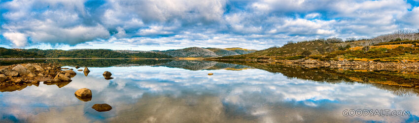 Rocky shoreline mirrored in alpine lake.