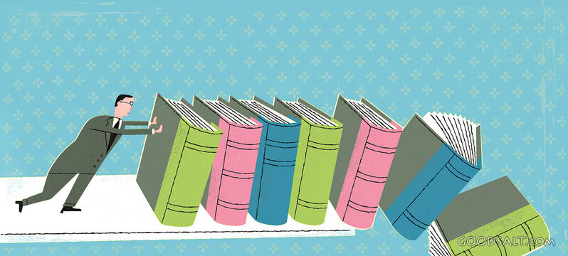 Small Man Pushing Books Off Shelf
