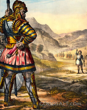 David faces giant Goliath sling armor challenge victory