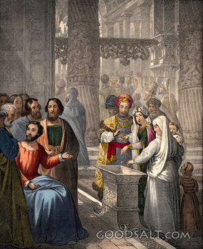 Jesus widows mite temple Jerusalem Pharisees watch disciples listen learn