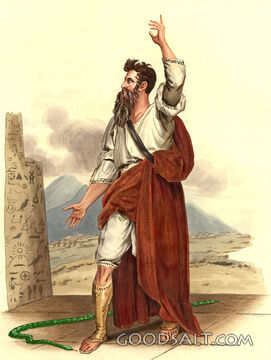 Moses hand lifted snake serpent crawling on ground