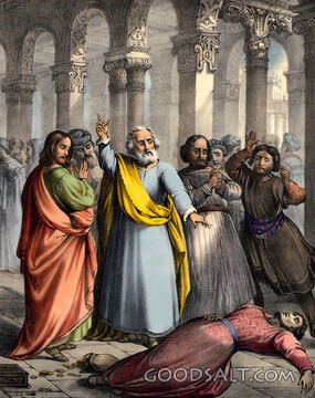 Sapphira lies lying dies Peter stands over her hand lifted pronouncing judgment