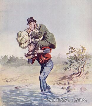 A Double Burden carry man on shoulders wade water labor taxes dictator autocrat political oppression
