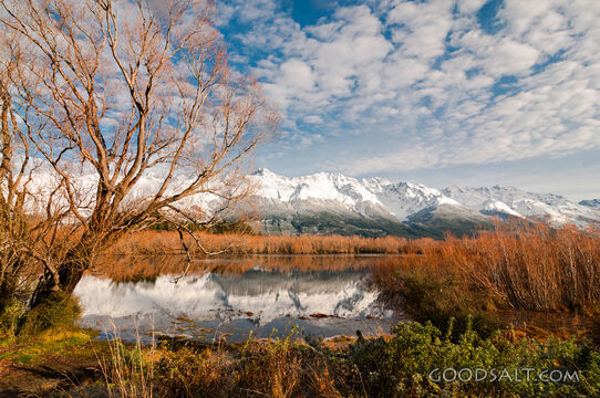 Snowy mountain range reflection.