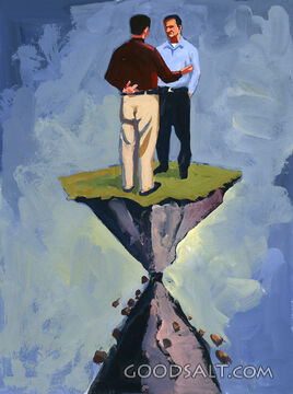 Two men standing on unstable ground.