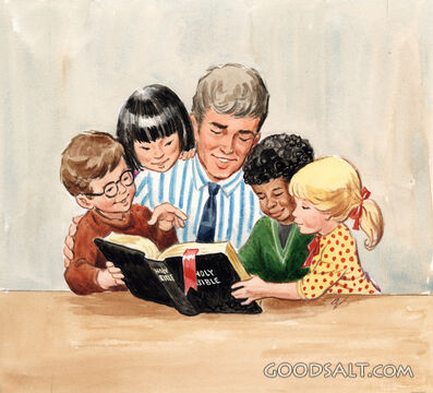 Teacher With Four Children Reading Bible