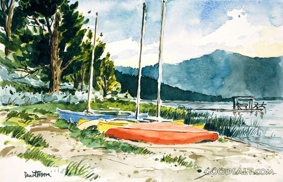Three Sailboats on a Beach