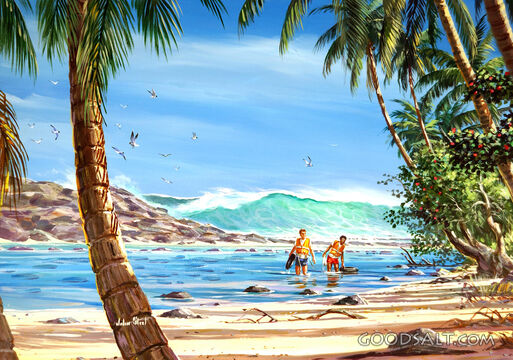 Tropical Island With Two Men in the Water