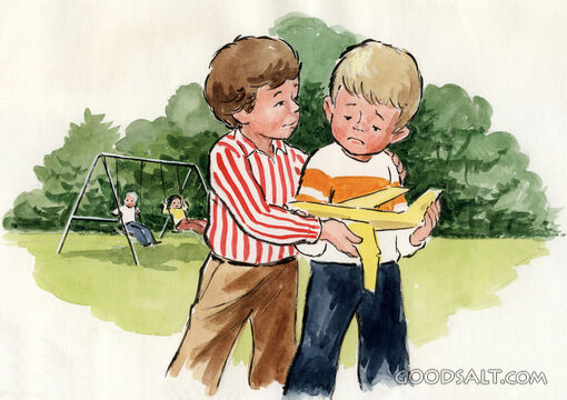 Two Boys With Broken Airplane