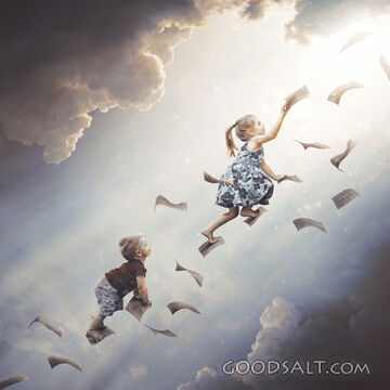 Two Children Climbing Up Falling Pages