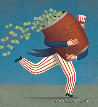 Uncle Sam Running With Barrel of Money