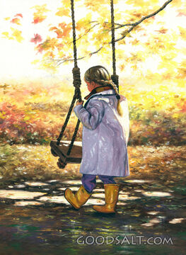 A little girl holding a swing.
