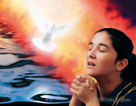 Woman Prays in Presence of Fire and Dove of God 