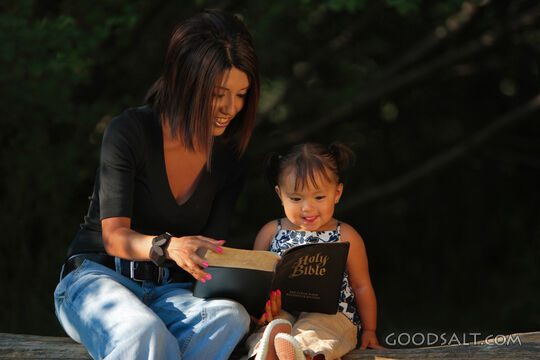 Woman reading Bible to little girl outdoors in summer.