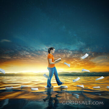 Woman Walking on Book Pages