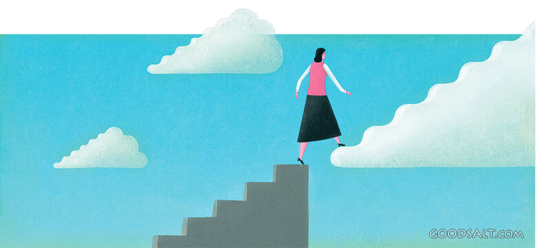 Woman Walking Up Stairs to Clouds