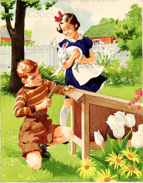 Boy and Girl with Rabbit Hutch