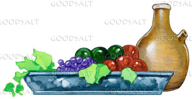 Harvest Tray with Grapes and Wine Jug