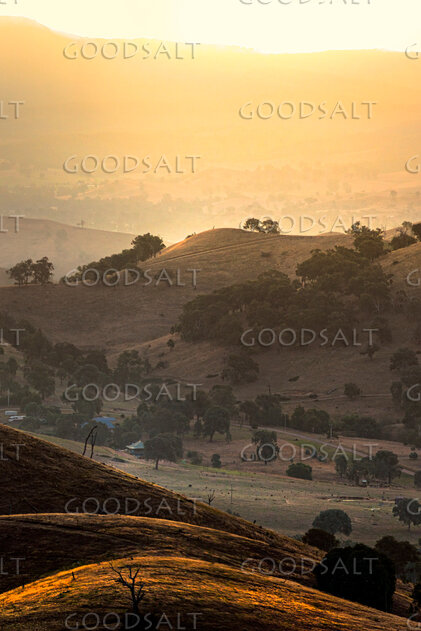 golden late sun bathes country scene and hillsides in misty light.